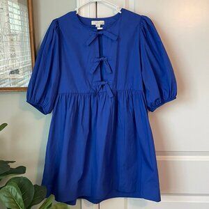 Royal Blue Tie Front Puff Sleeve Babydoll Dress